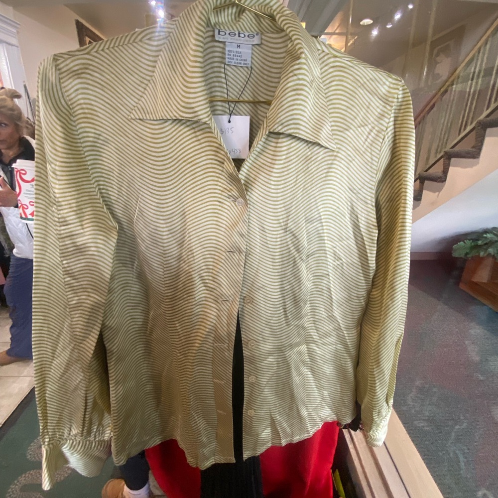 Bebe Y2K Silk Chartreuse & Cream wave stripe blouse